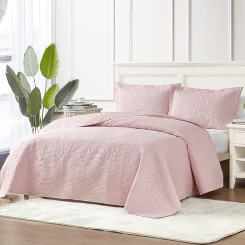 Hansleep Pink Quilt Twin Size - Damask Ultrasonic Summer Bedspread Twin, Soft Lightweight Coverlet Bedding Set, 2 Pieces (1 Quilt, 1 Pillow Shams) - Thumbnail 2