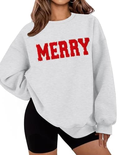 LETSEE Christmas Sweatshirts for Women 2025 Cute Merry Sequin Graphic Oversized Fleece Holiday Pullover Tops Xmas Gifts, Grey, Medium - Image 1
