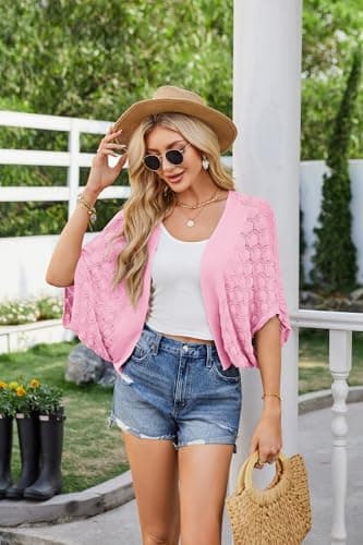 Women's 2024 Batwing Crochet Open Front Summer Shrug Cardigan Pastel Pink M - Thumbnail 2