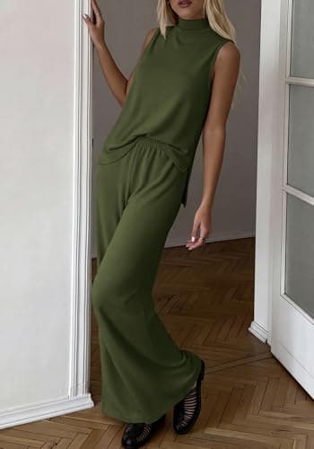 BTFBM Summer 2 Piece Lounge Sets For Women Sleeveless Mock Neck Wide Leg Loose Spring Vacation Airport Travel Outfits(Army Green, X-Large) - Thumbnail 6