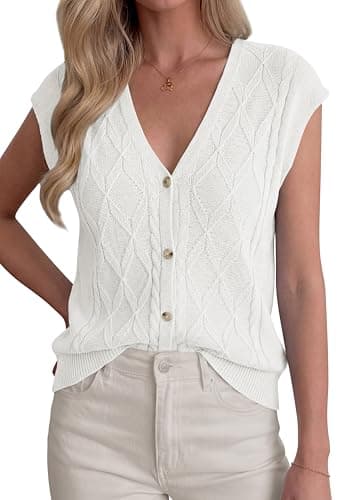 BTFBM Sweater Vest Women V Neck Cap Sleeve Button Down Knit Tops Spring Summer 2026 Loose Lightweight Cardigan Vests(White, Large) - Image 1