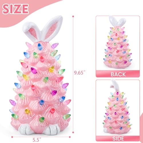 GARKALY Light up Easter Bunny Decor Glowing Tree, Cute Ceramic Easter Tree Bunny Decorations for The Home Indoor Bedroom Office Decor Tabletop,Night Light for Kids Gifts (Pink) - Thumbnail 4