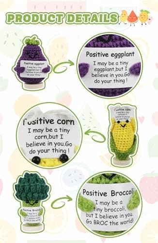 EzKnotify Funny Gifts, Positive Emotional Support Nuggets, Cute Crochet Animals for Women’s Birthday, Inspirational Gifts, Car Decor Stuff (Corn + Broccoli + Eggplant) - Thumbnail 2