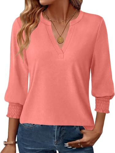 GKBK Womens 3/4 Sleeve Shirts V Neck Dressy Casual Spring Summer Blouses with Smocked Cuffs - Image 1