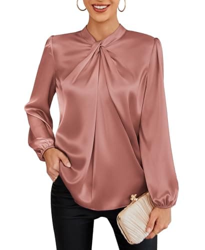Twist Front Tops for Women Elegant Long Sleeve Wrap Mock Neck Slim Shirt Solid Color Work Office Tops Light Pink - Image 1
