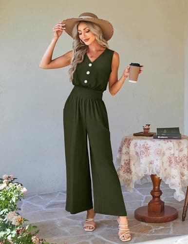 LOOKBOHO Women Jumpsuits Dressy Casual Pants Romper Summer Spring Sleeveless V Neck Vacation One Piece Outfits(AG,M) - Thumbnail 4