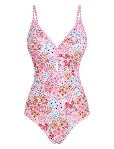 ZAFUL Two Piece Womens Tankini Swimsuits V Neck Color Blocked Plaid Tummy Control Swimsuit with Wigh Waist Briefs Swimwear Floral XL - Thumbnail 5
