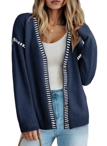 Dokotoo Women Oversized Cardigan Sweaters Knit Button Front Stripes Trim Cardigan Tops Fall Outfits Casual Long Sleeve V-Neck Cardigans for Women Trendy Dark Blue Small - Image 1
