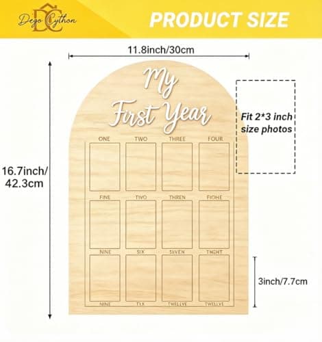My First Year Photo Frame,wooden 12 month picture frame for baby first year, t 2x3 Inch Picture Holder With Hang Hooks, Desktop Display For Infant 0-12 Months, Birthday Party, Baby Birthday Keepsake Gift - Thumbnail 2