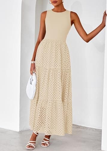 Lazysmile Womens Summer Dresses Crewneck Sleeveless A-Line Hollow Out Eyelet Tiered Tank Maxi Dress Sundress with Pockets - Thumbnail 6
