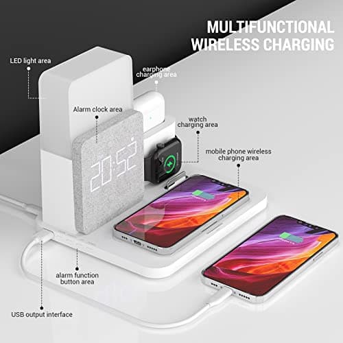 Wireless Charging Station, iPhone 3 in 1 Fast 15W Wireless Charger with Alarm Clock and Night Light, Charging Dock for iPhone 12/13/14/15/16/17 Pro/Pro Max, Samsung, AirPods - Thumbnail 2