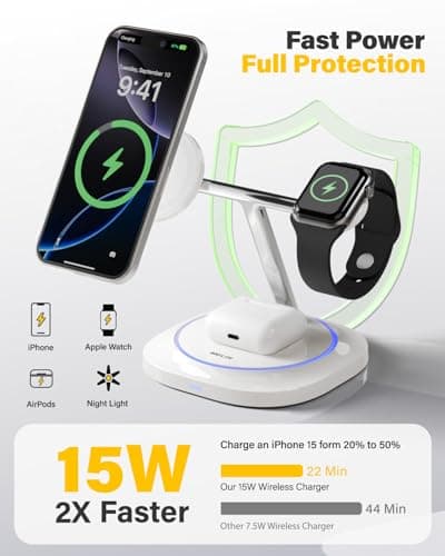 3 in 1 Magnetic Wireless Charger for Apple - Fast Charging Station Compatible with MagSafe for iPhone17-12, Apple Watch& AirPods, Phone and Watch Charger Stand for Desktop Bedside Nightstand (Ivory) - Thumbnail 5
