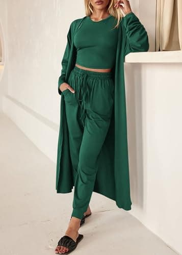 KIRUNDO 3 Piece Lounge Sets for Women Airport Travel Vacation Outfits Spring Cardigan Matching Sleeveless Top Jogger Pants(Dark Green, X-Large) - Thumbnail 4