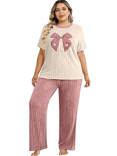 Emilaura Womens Plus Size Pajama Set 2 Piece Short Sleeve with Long Pant Sleepwear Soft & Cozy Bow Loungewear (XL to 5X) Pink - Image 1