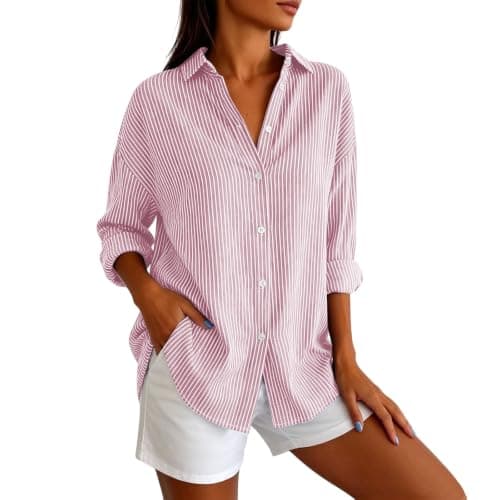 Striped Shirt Women Long Sleeve Summer Fall Tops Pink X-Large - Thumbnail 6
