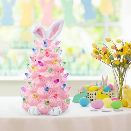 GARKALY Light up Easter Bunny Decor Glowing Tree, Cute Ceramic Easter Tree Bunny Decorations for The Home Indoor Bedroom Office Decor Tabletop,Night Light for Kids Gifts (Pink) - Thumbnail 3