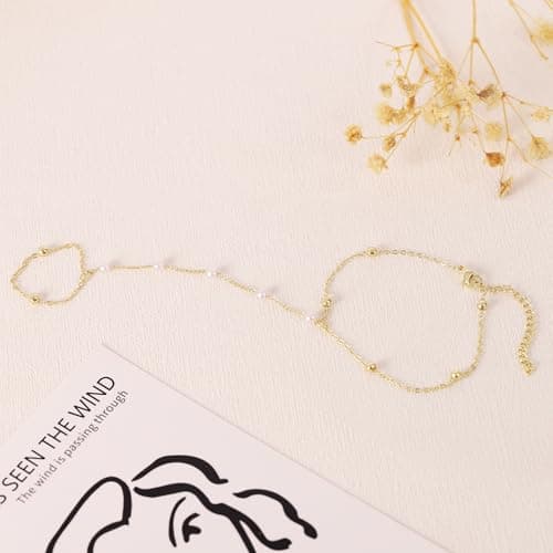BAYLAY Hand Chain Bracelet, Ring Bracelet Hand Chain 14K Gold Plated Pearl Finger Ring Slave Bracelets Dainty Gold Bracelet for Women Hands Jewelry for Women Summer Essentials Boho Beach Gifts - Thumbnail 6