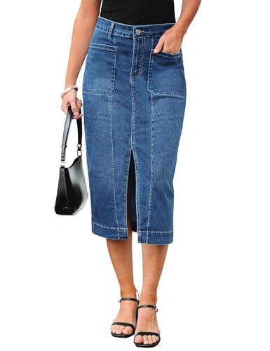 luvamia Jean Skirts for Women Denim Trendy Casual Womens Clothing Trendy 2025 High Waisted Stretchy Midi Slit Skirt with Front Pockets Medium Blue Small US Size 4 Size 6 - Image 1