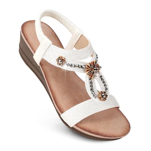 Goldnut White Wedge Sandals for Women Dressy, Woman's Sandal Comfortable White Low Wedges Heels Ankle Elastic Strap Sandles with Flower Rhinestones Size 8 - Image 1