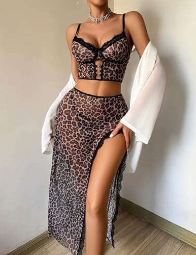 Avidlove Lingerie for Women 3 Pieces Set - Lace Long Nightgown with Side Split, Sexy Chemise for Bridal & Valentine's Day - Thumbnail 2