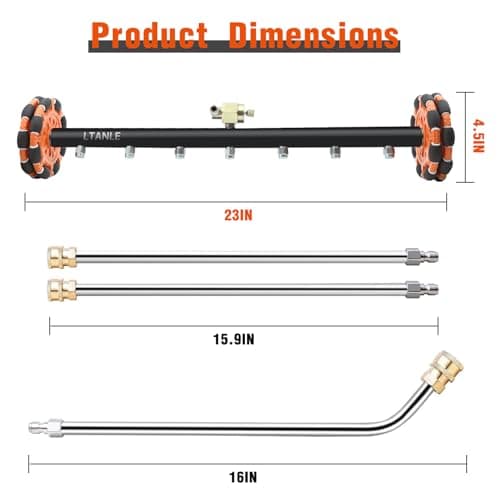 LTANLE 2-in-1 Can Move Horizontally Pressure Washer Undercarriage Cleaner Water Broom，23" Surface Cleaner Power Washer Attachment with 7 Nozzles 3 Extension Rods andSpare Wheel，4000 PSI - Thumbnail 6