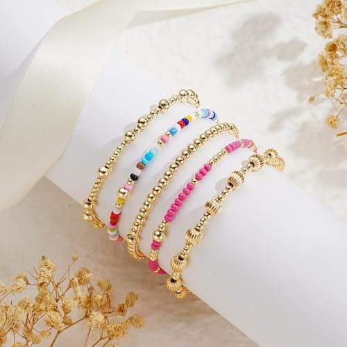 Turandoss 5PCS Gold Beaded Bracelets for Women Jewelry Gifts - Dainty 14K Gold Plated Bead Ball Bracelets for Women Colorful Beaded Stretch Bracelet Birthday Jewelry Gifts for Her Mom Daughters - Thumbnail 6
