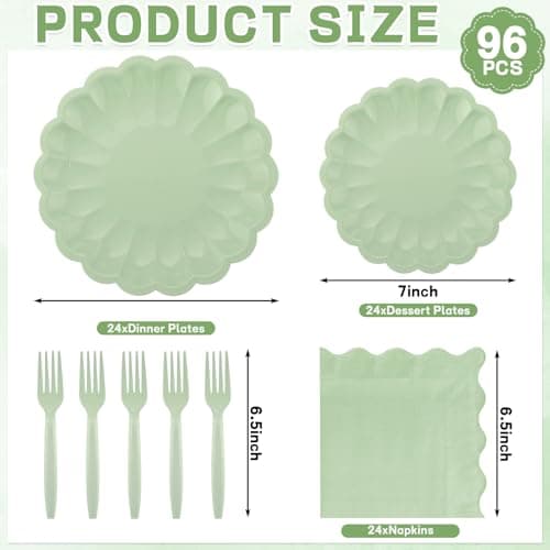 96 Pcs Sage Green Paper Plates and Napkins Party Supplies Serve 24 Guests Include Scalloped Dinner Plate 9.5", Dessert Plate 7.5", Napkins Plastic Forks for Baby Bridal Shower Wedding Birthday - Thumbnail 2