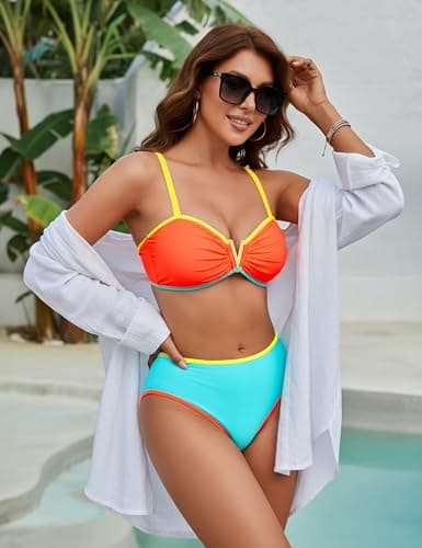 Blooming Jelly Women Bikini Sets Bathing Suit Colorblock Swimsuits Two Piece High Cut Bottom Push Up Swimwear(Orange Blue, Small) - Thumbnail 3