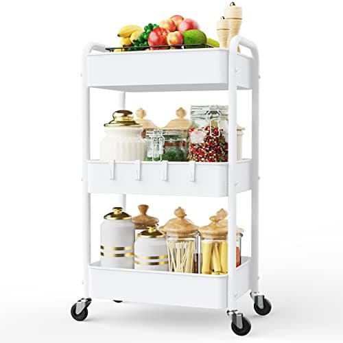 LEHOM 3 Tier Rolling Storage Cart, Metal Trolley Utility Cart with Wheels & Hooks, Easy Assembly Organizer Storage Cart for Bathroom Kitchen Office Bedroom