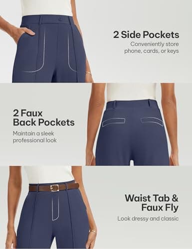 AVAMO Wide Leg Dress Pants for Women Pull On Stretchy Work Pants with Pockets High Elastic Waist Office Business Navy Blue - Thumbnail 5