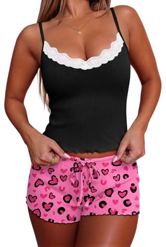 Ekouaer Women's Pajama Sets 2 Piece Sexy Lingerie Sleepwear with Pockets Lightweight Lace Cami Shorts Adjustable Straps Pjs - Image 1