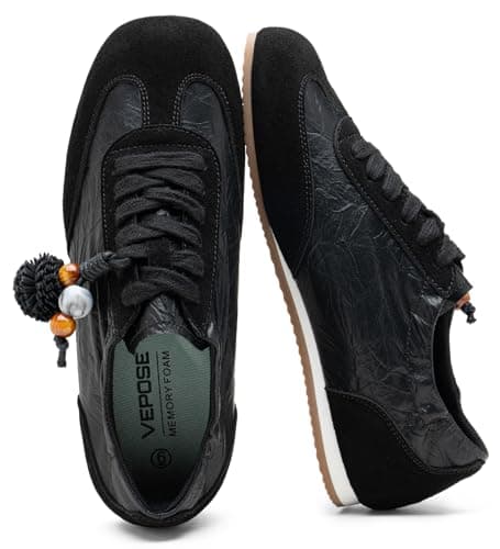 Vepose Women's Arch Support Fashion Sneakers 8200 Lightweight & Non Slip Comfortable Tennis Walking Shoes,Black Casual Lace-up Footwear with Pom-Pom Decorate,Size 8.5M US (CJY8200 Black 08.5) - Image 1