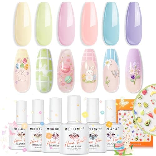 modelones Pastel Gel Nail Polish Set, Hema Free Macaron Gel Polish Set Light Pink Pastel Yellow Purple Baby Blue Green 6 Colors 2026 Spring Easter Nails with Fruit Theme Stickers LED Mani Gift - Image 1
