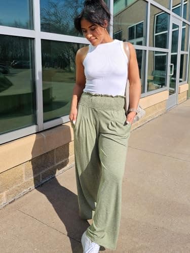 GEMLON Womens Wide Leg Pants High Waisted Palazzo Pants Summer Flowy Lounge Trousers Casual Pants with Pockets Green 2XL - Thumbnail 6