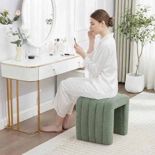 SEYNAR Modern Boucle Upholstered Ottoman,Small Accent Footrest Bench,Upholstered Cube Seat for Bedroom,Living Room,Entryway(Green) - Thumbnail 5