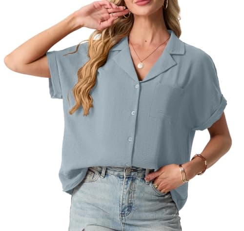 Mintreus Short Sleeve Button Down Shirts for Women Casual Camp Shirt for Women Dressy Casual (Haze Blue-2XL) - Image 1