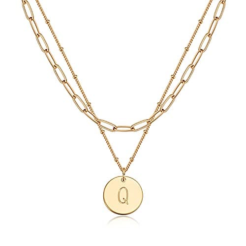 Valloey Rover Initial Necklaces for Women 14K Gold Plated Dainty Layered Necklce Round Coin Disc Pendant Engraved Letter P Necklace Personalized Jewelry Gift for Women - Image 1