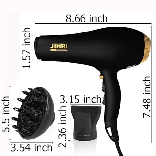 JINRI Hair Dryer, 2000W, 3 Heat & 2 Speed, Detachable Air Intake, with Diffuser, with Concentrator, Hanging Strap, Non-Foldable, Black - Thumbnail 4