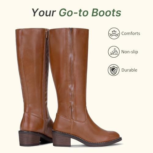 Jeossy Women's 9661 Knee High Tall Boot, Brown Riding Chunky Low Heel Round Toe Botas, Faux Leather Dress Boot with Inner Zipper and Side Hidden Elastic Band (DJY9661 Brown 07) - Thumbnail 4