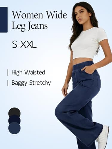 FIGKICKSEN Wide Leg Jeans Woman, High Waisted Baggy Stretchy Jeans for Women Trendy Straight Casual Leg Denim Jean Pants Light Blue - Thumbnail 2