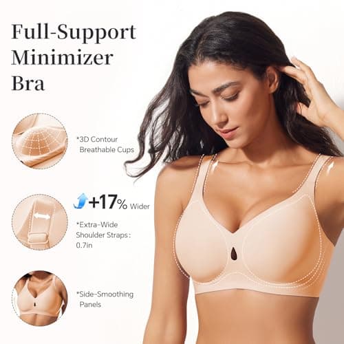 UIMERO Bras for Women No Underwire, Minimizer Bras for Women Full Coverage, Wireless Bras with Support and Lift, Seamless Push Up Bra Nude - Thumbnail 3
