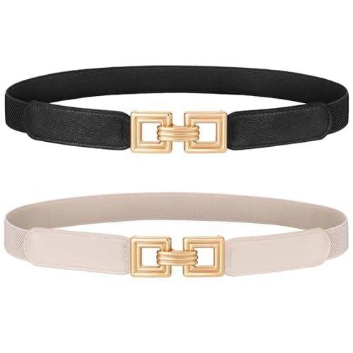 XZQTIVE 2 Pack Women Skinny Stretchy Cinch Belt for Dresses, Thin Elastic Belt Ladies Waist Belt with Retro Gold Buckle(Black+Beige) Fit Waist Size 32"-39" - Image 1