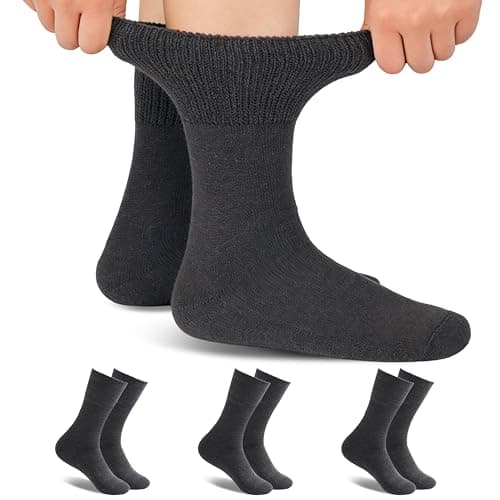 Forcool 3 Pairs Merino Wool Diabetic Crew Socks Men Women Non Binding Wide Loose Top Cushioned Sole Diabetic Dress Socks, Large Dark Gray - Image 1