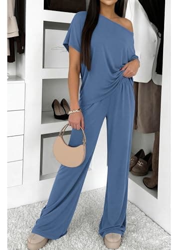 KIRUNDO Two Piece Sets for Women Lounge Airport Travel Vacation Outfits 2026 Summer Off Shoulder Tops Matching Wide Leg Pants(Blue, Medium) - Thumbnail 3