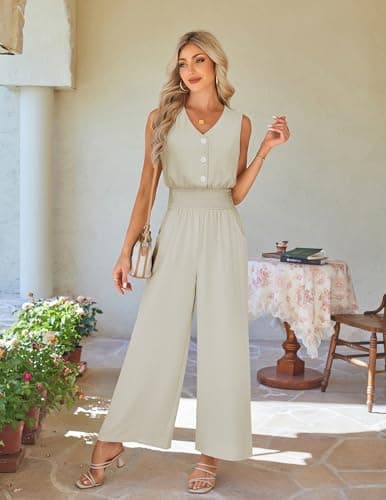 LOOKBOHO Women Sleeveless Jumpsuit Dressy Casual V Neck Wide Leg Pants Romper CuteOne Piece Summer Elegant Outfit(AT,S) - Thumbnail 2