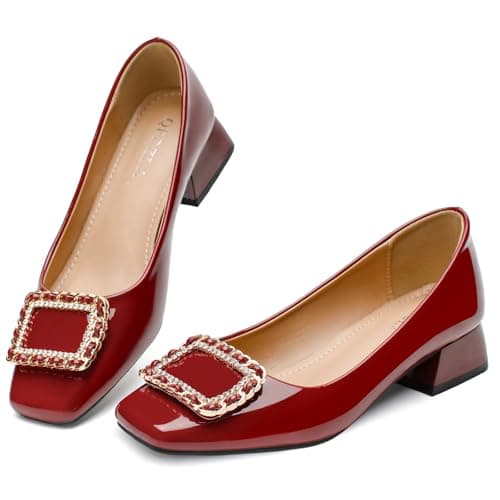 QFDZLA Women's Low Chunky Block Heel Pumps Comfortable Leather Square Toe Dress Shoes Slip On Block Heel for Office Lady Shoes Burgundy Size 6 - Image 1
