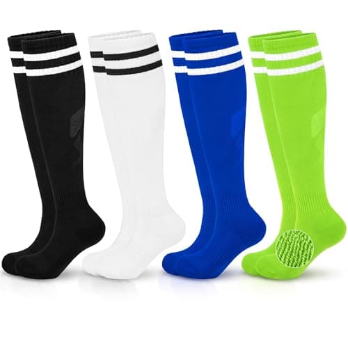 Hryrbay 4 Pairs Kids Cotton Soccer Socks Cushion Striped Baseball Uniform Boys World Cup Sock Toddler Girls Knee High Socks (Black, White, Blue, Green,6-9 Years) - Image 1