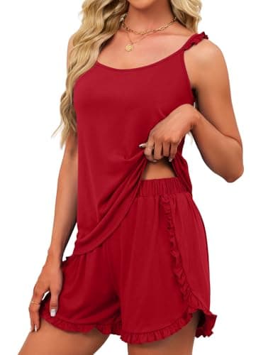 JUSTFASHIONNOW Womens Pajama Sets Shorts 2 Piece Cute Ruffle Strap Lounge Set Sleepwear Cami Tops Split Shorts PJ Set Soft Camisole Summer Casual Sexy Lingerie Sets (Red, X-Large) - Thumbnail 4