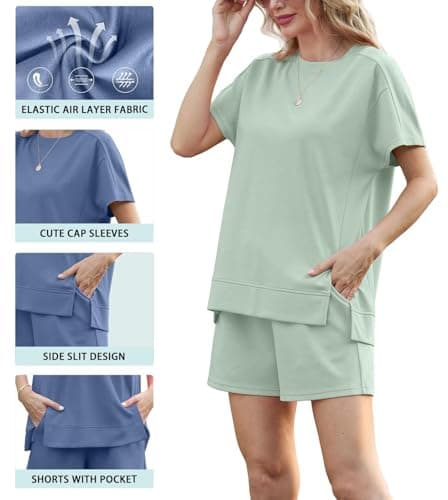 Lepunuo 2 Piece Short Sets for Women Summer Outfits Short Sleeve Tops Elastic Waist Shorts Lounge Set Vacation Travel Outfits - Thumbnail 2