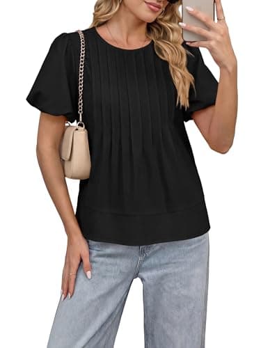 Funlingo Womens Blouses Summer Short Puff Sleeve Babydoll Tops for Women Casual Crew Neck Flowy Pleated Shirts Cute Clothes Black XL - Thumbnail 2